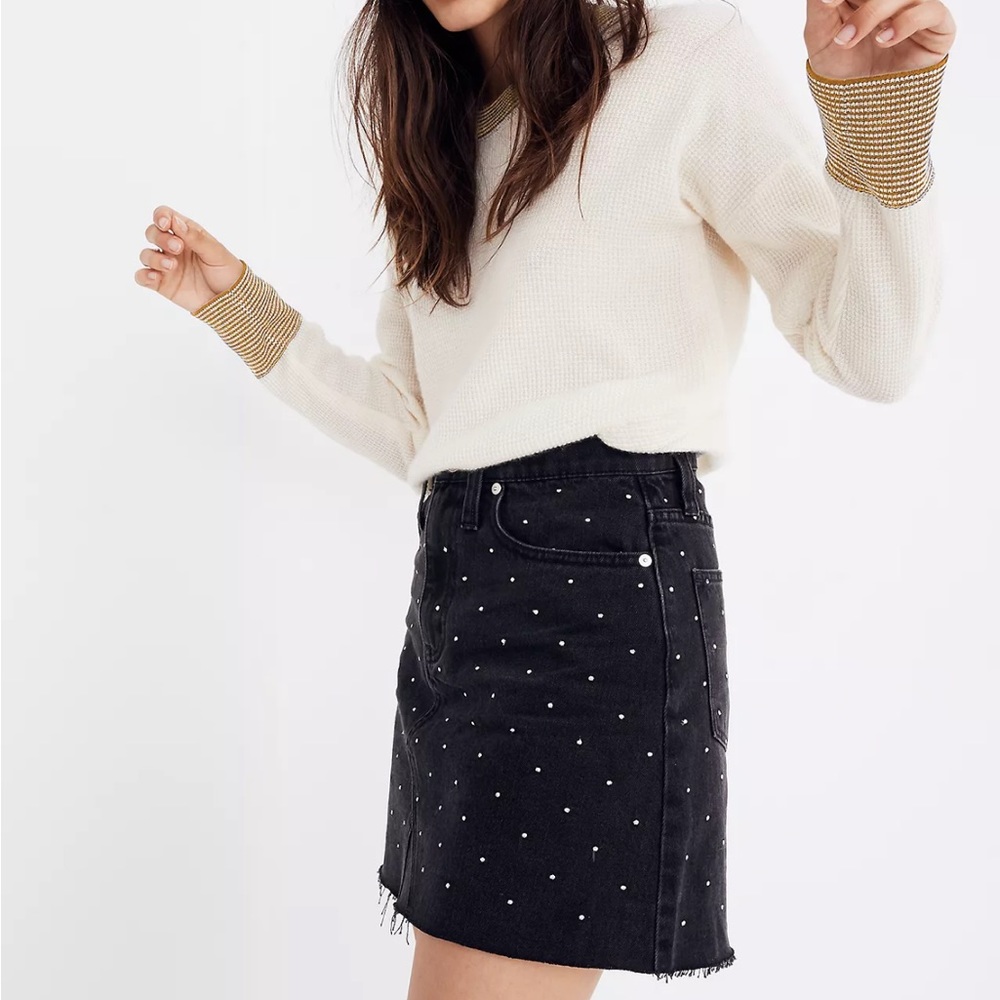 Madewell Black Mineral Wash Silver Polka Dot Cutoff Sz 27 Denim Mini Skirt - Picture 6 of 12
